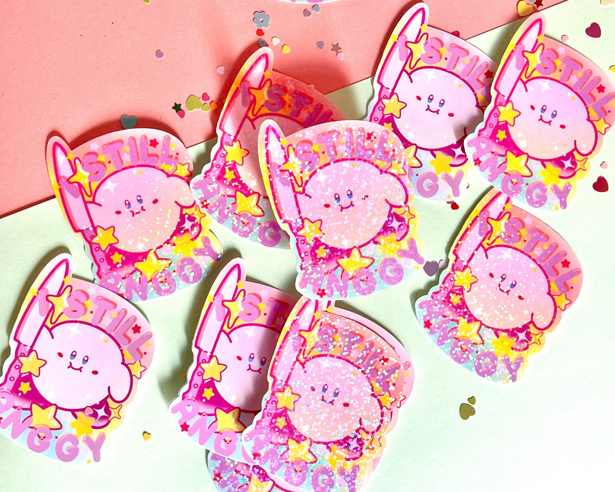 Kirby meme sticker "I still Anggy", holographic sticker, cute Kirby sticker, waterproof handmade sticker, kawaii laptop sticker, journalling