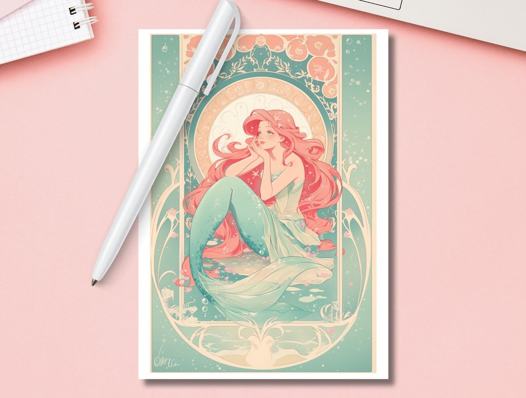 Beautiful Princess Print,Mucha print, Postcard print,Princess Postcard,Princess Mermaid art,A5 postcard print,cute print-Ariel
