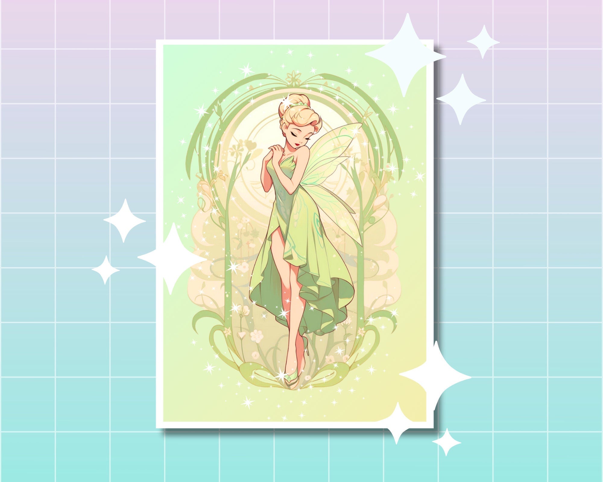 Cute Fairy Princess Print,Mucha print,Fairy Postcard print,Princess Postcard,Princess Fairy art,A5 postcard print,cute print-Tinkerbell