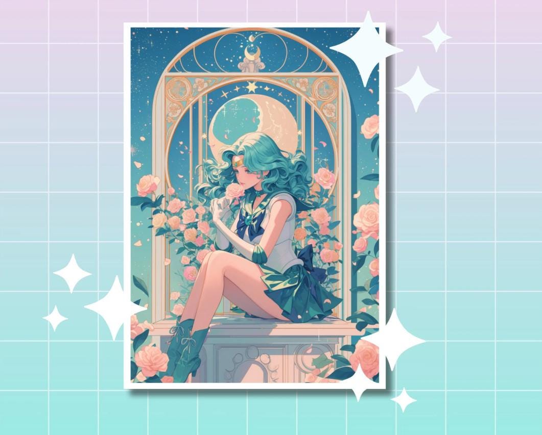 Neptune Print,Mucha, Sailor in the style of Alphonse Mucha, Neptune art,Moon art,A5 postcard print,Art Nouveau