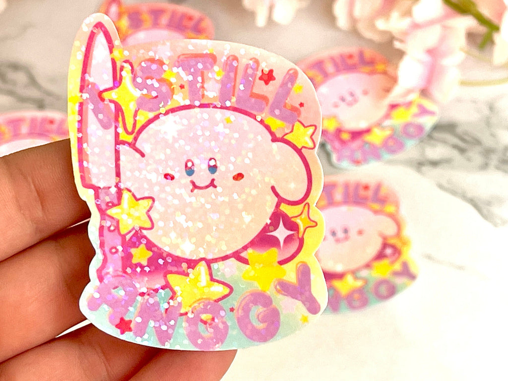 Kirby meme sticker "I still Anggy", holographic sticker, cute Kirby sticker, waterproof handmade sticker, kawaii laptop sticker, journalling