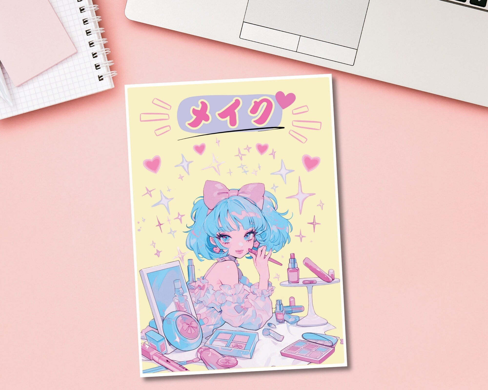 Retro 80's Anime Girl Print | Pastel Kawaii girl Art, Make-up Art Print
