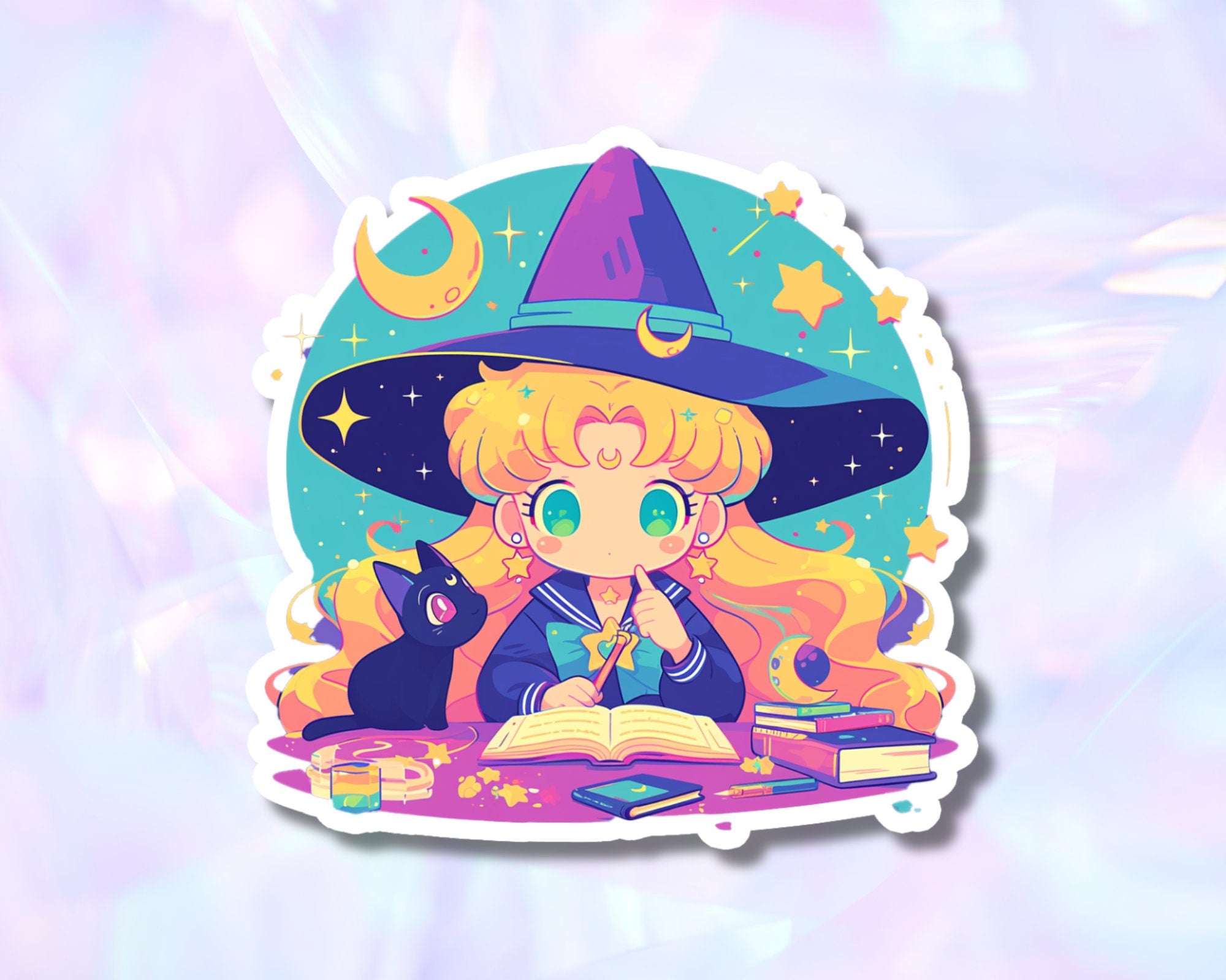 Moon witch sticker,kawaii Moon sticker,cute Sailor sticker,Bottle sticker,laptop sticker,anime sticker,cute witch sticker,cute cat sticker