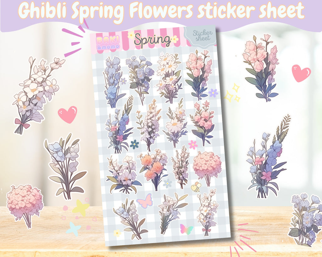 Spring Flower sticker sheet, Ghibli art sticker sheet, Watercolor flowers sticker sheet, Ghibli themed flowers decals, cute spring flowers