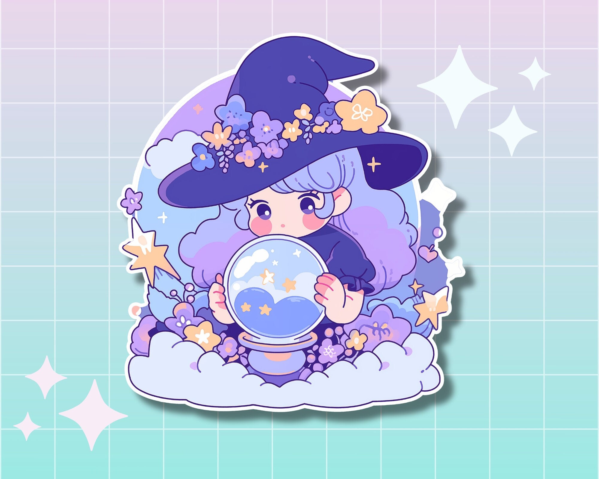 Cute Witch Sticker | Kawaii Botanical Witchy Sticker - Cute Pastel Witch plants Aesthetic Sticker - Magical girl sticker