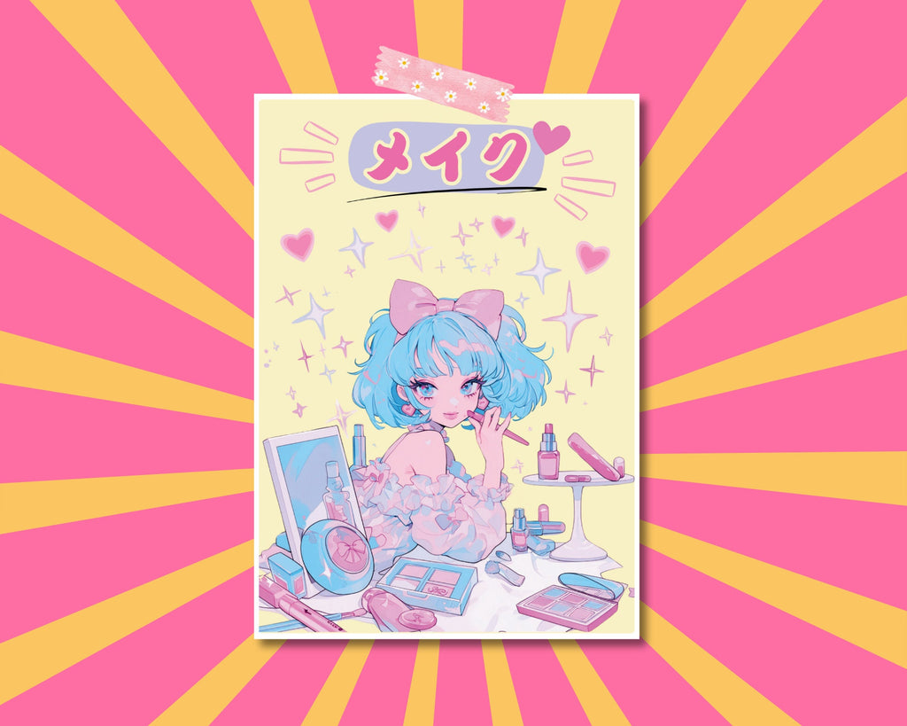 Retro 80's Anime Girl Print | Pastel Kawaii girl Art, Make-up Art Print