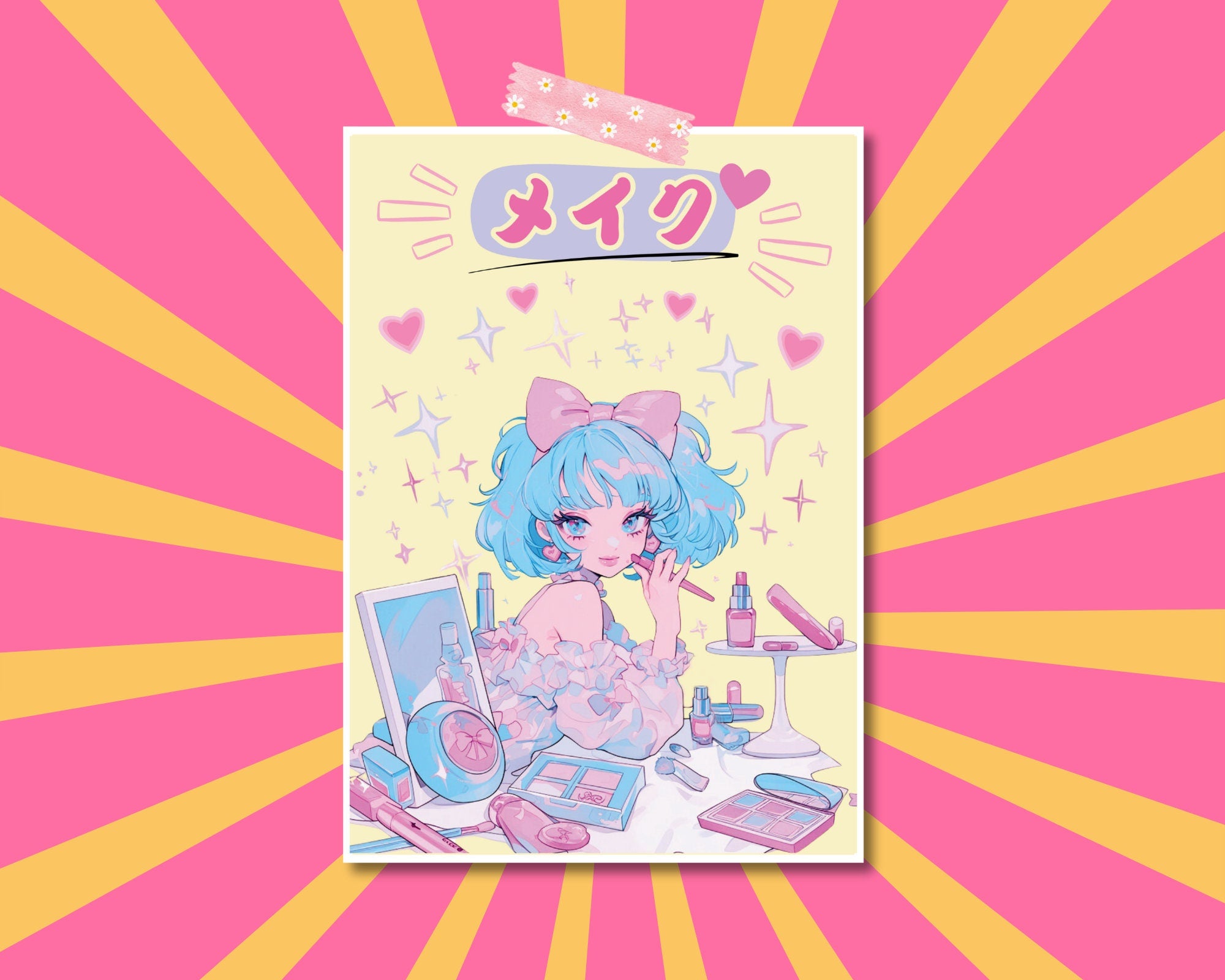 Retro 80's Anime Girl Print | Pastel Kawaii girl Art, Make-up Art Print