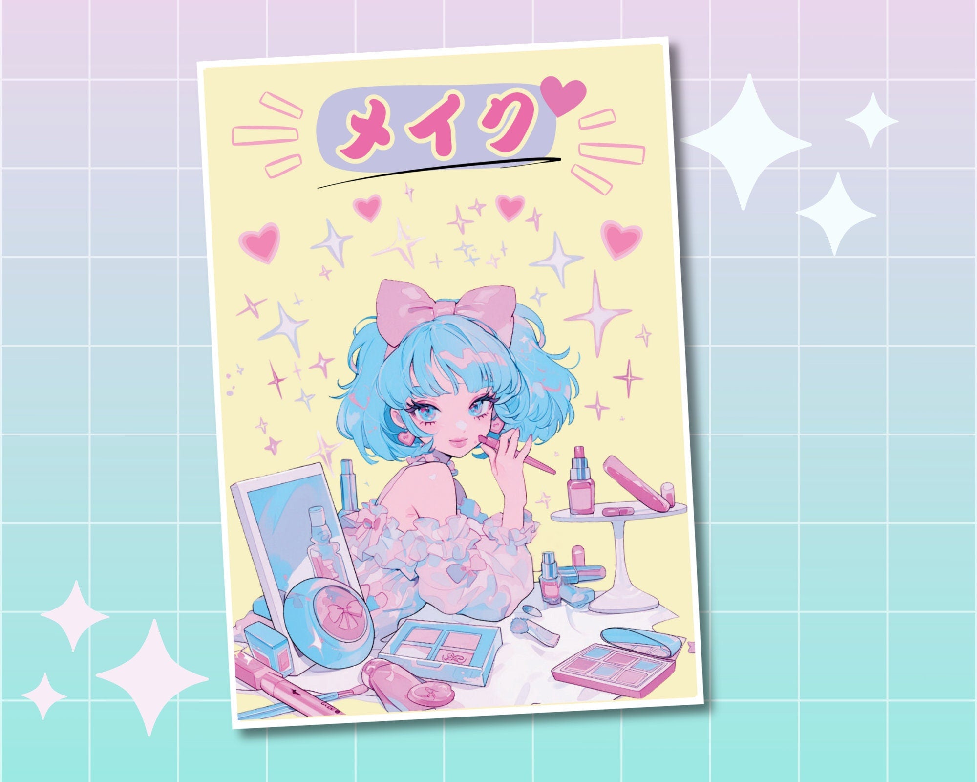 Retro 80's Anime Girl Print | Pastel Kawaii girl Art, Make-up Art Print
