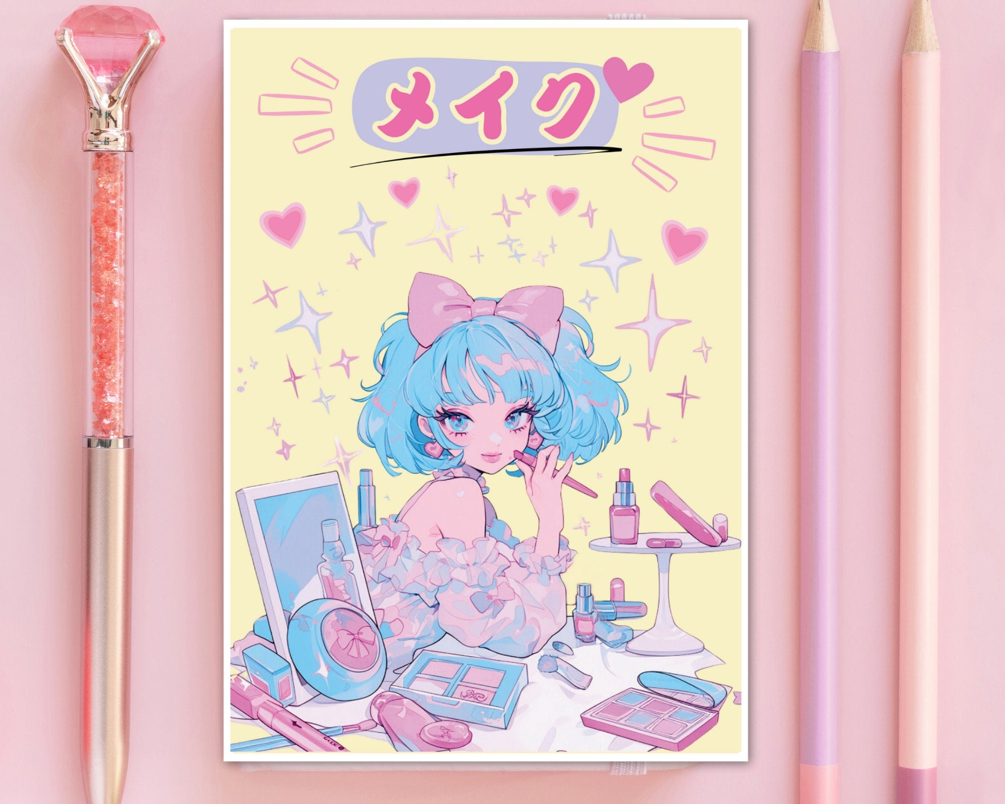 Retro 80's Anime Girl Print | Pastel Kawaii girl Art, Make-up Art Print
