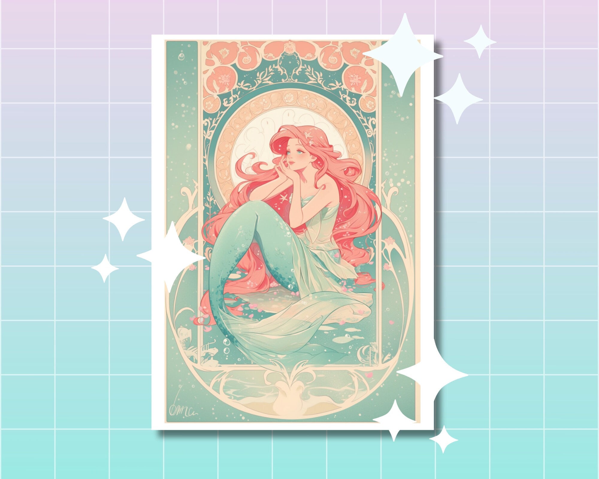 Beautiful Princess Print,Mucha print, Postcard print,Princess Postcard,Princess Mermaid art,A5 postcard print,cute print-Ariel
