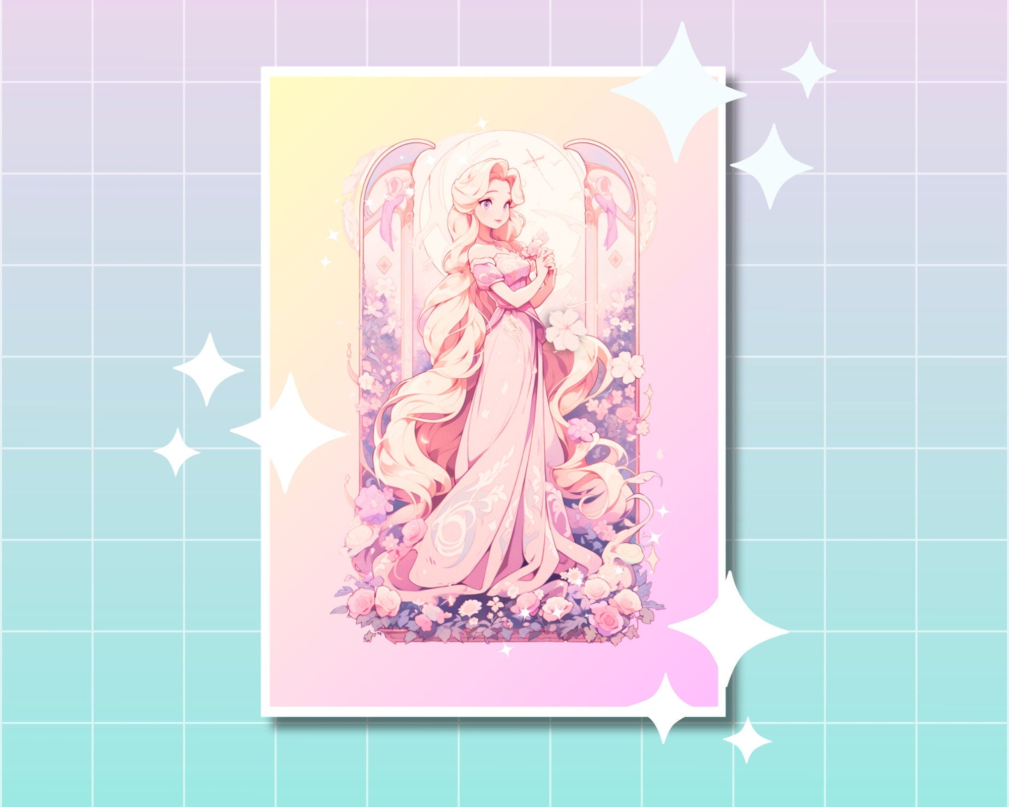 Cute Princess Print,Mucha print,Rapunzel Postcard print,Princess Postcard,Princess Rapunzel art,A5 postcard print,cute print-Rapunzel