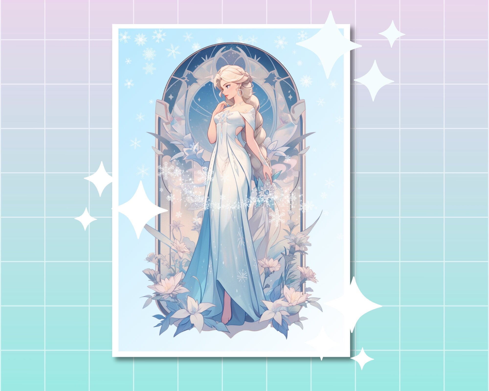 Cute Ice Princess Print,Mucha print,Princess Postcard print,Princess Postcard,Princess Elsa art,A5 postcard print,cute print-Elsa Frozen