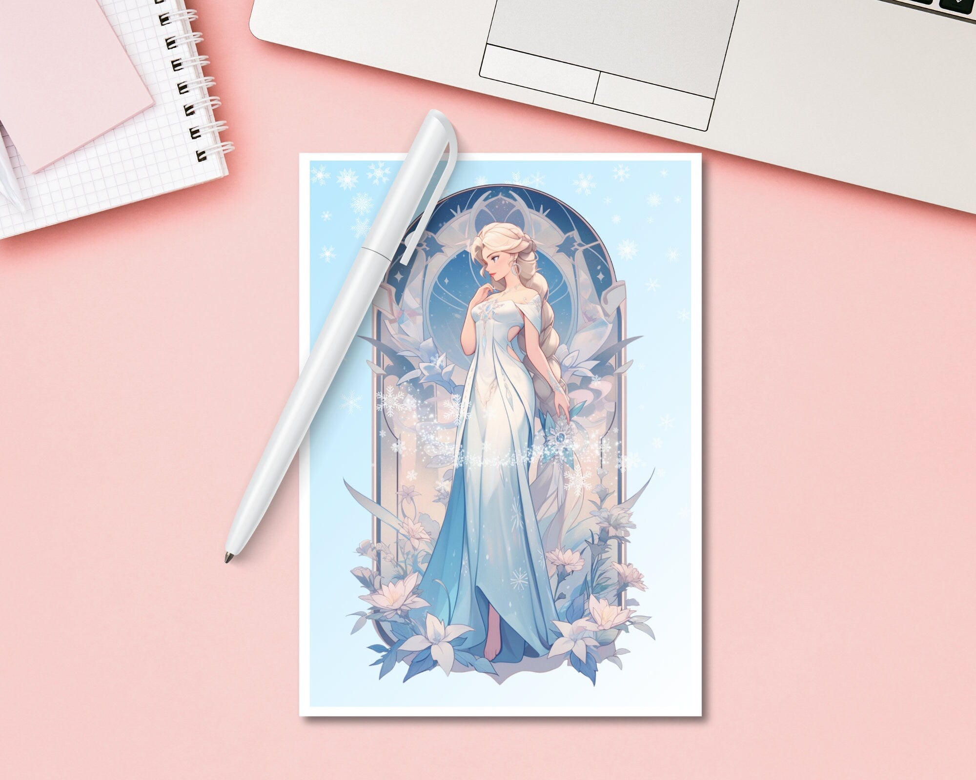 Cute Ice Princess Print,Mucha print,Princess Postcard print,Princess Postcard,Princess Elsa art,A5 postcard print,cute print-Elsa Frozen