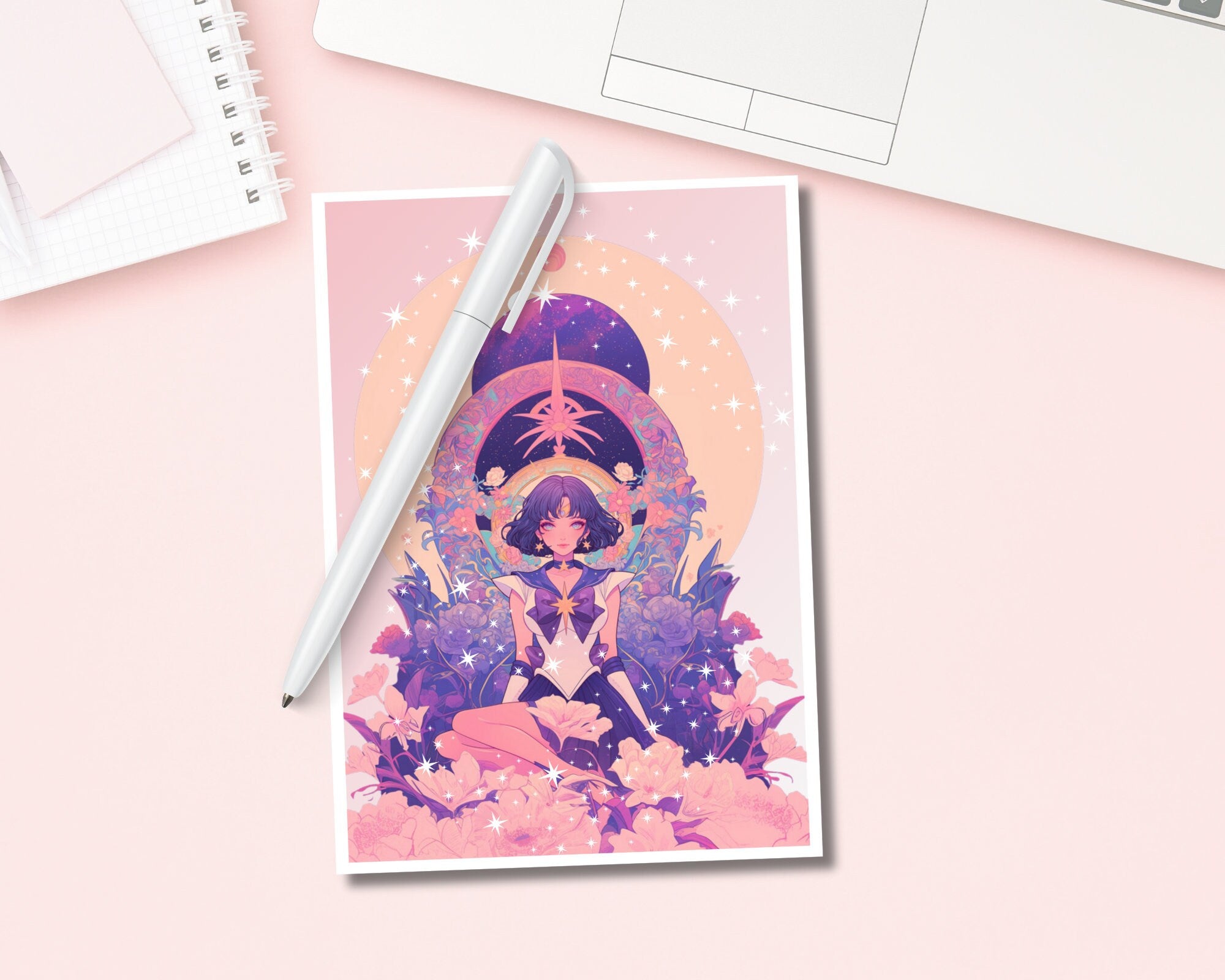 Saturn Print, Mucha, Saturn in the style of Alphonse Mucha, Sailor art,Moon art,A5 postcard print,beautiful print