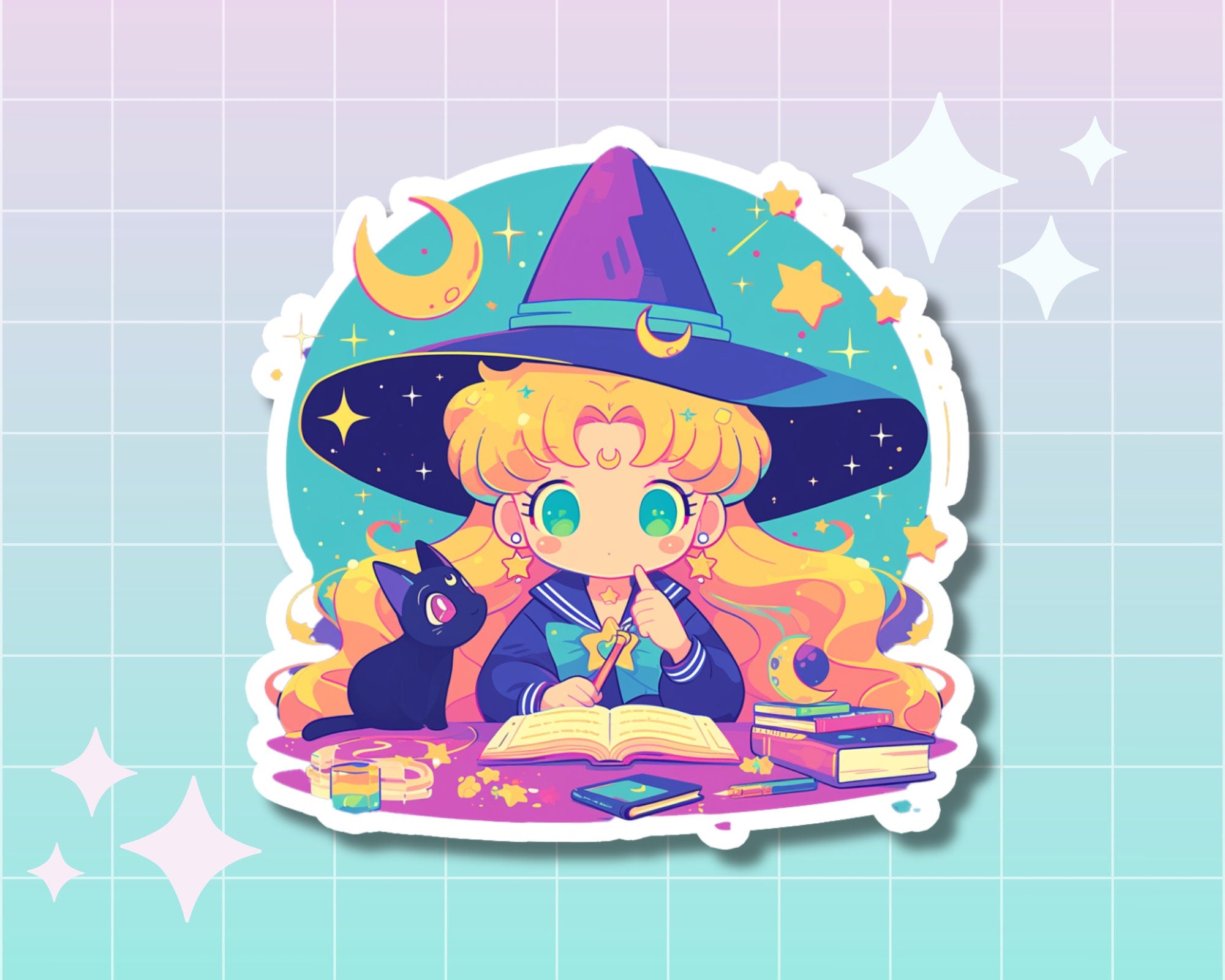 Moon witch sticker,kawaii Moon sticker,cute Sailor sticker,Bottle sticker,laptop sticker,anime sticker,cute witch sticker,cute cat sticker