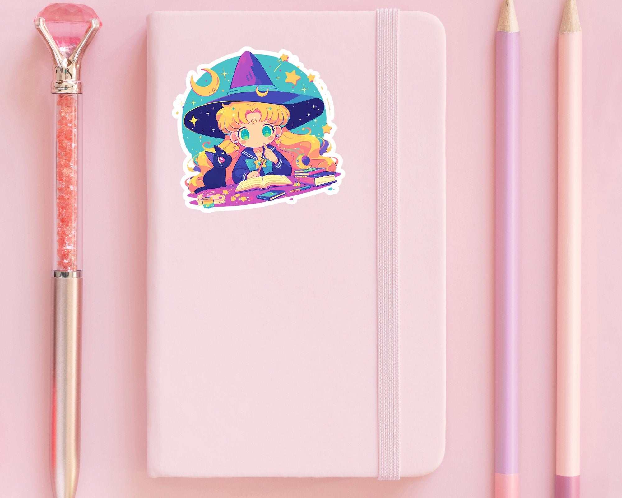 Moon witch sticker,kawaii Moon sticker,cute Sailor sticker,Bottle sticker,laptop sticker,anime sticker,cute witch sticker,cute cat sticker