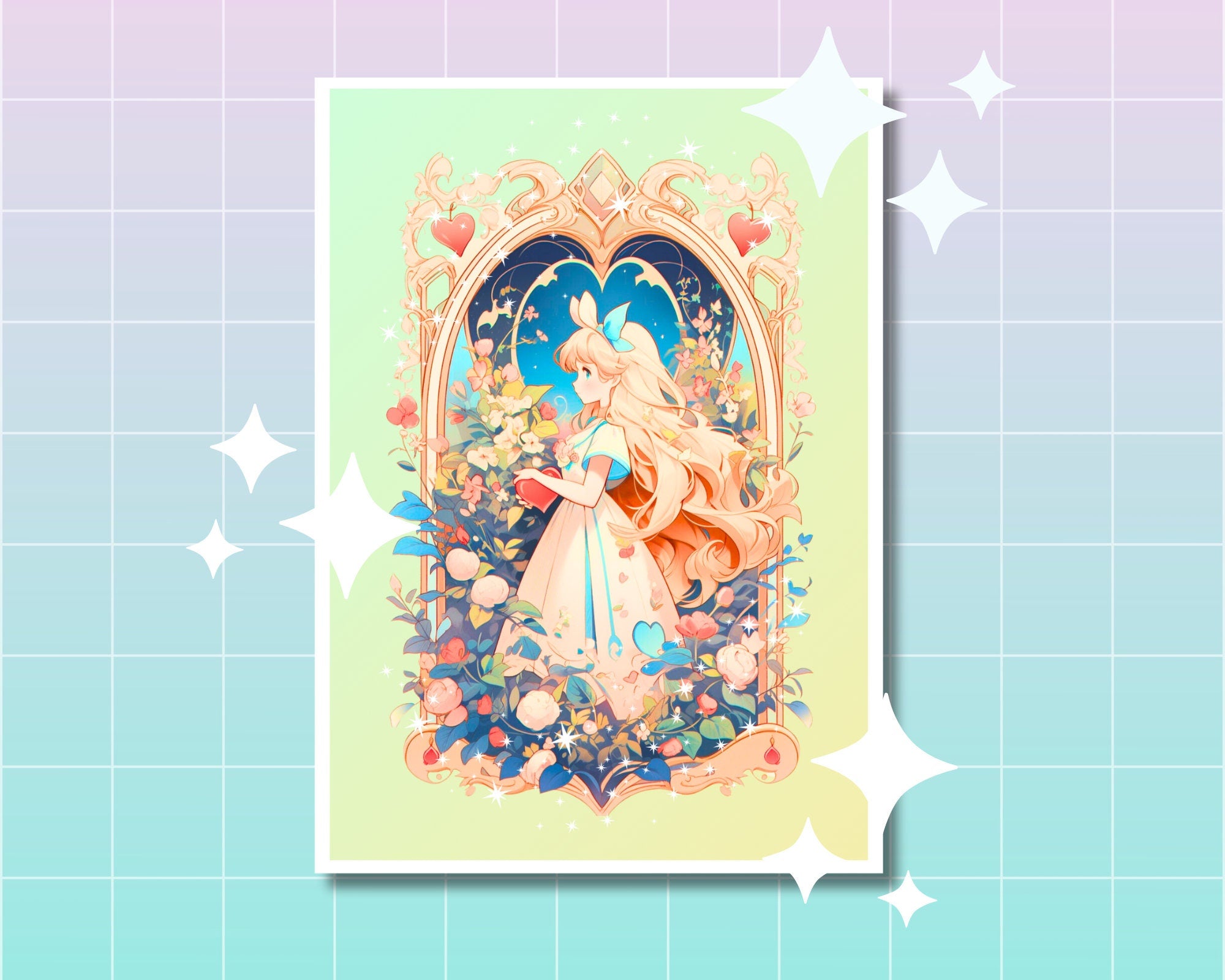 Beautiful Alice Wonderland Print,Mucha print,Alice Postcard print,Princess Postcard,Princess Wonderland art,A5 postcard,cute print-Alice