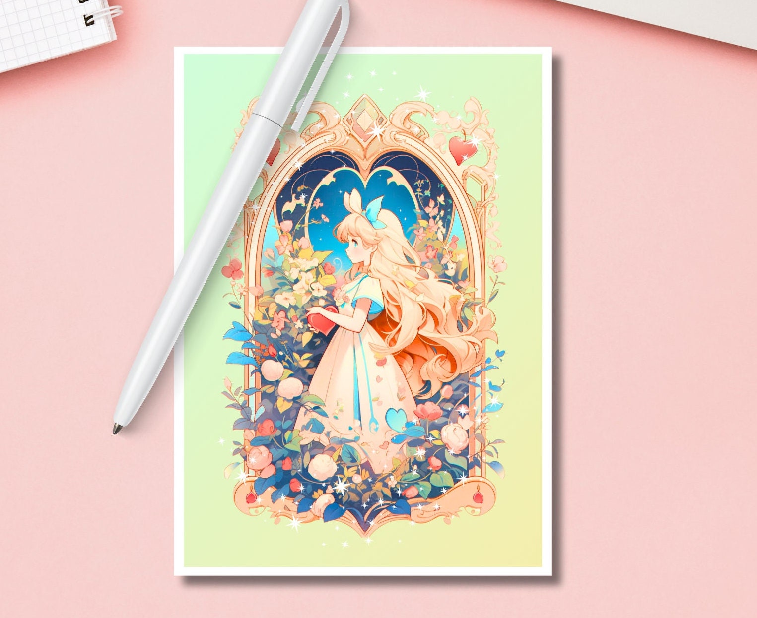 Beautiful Alice Wonderland Print,Mucha print,Alice Postcard print,Princess Postcard,Princess Wonderland art,A5 postcard,cute print-Alice