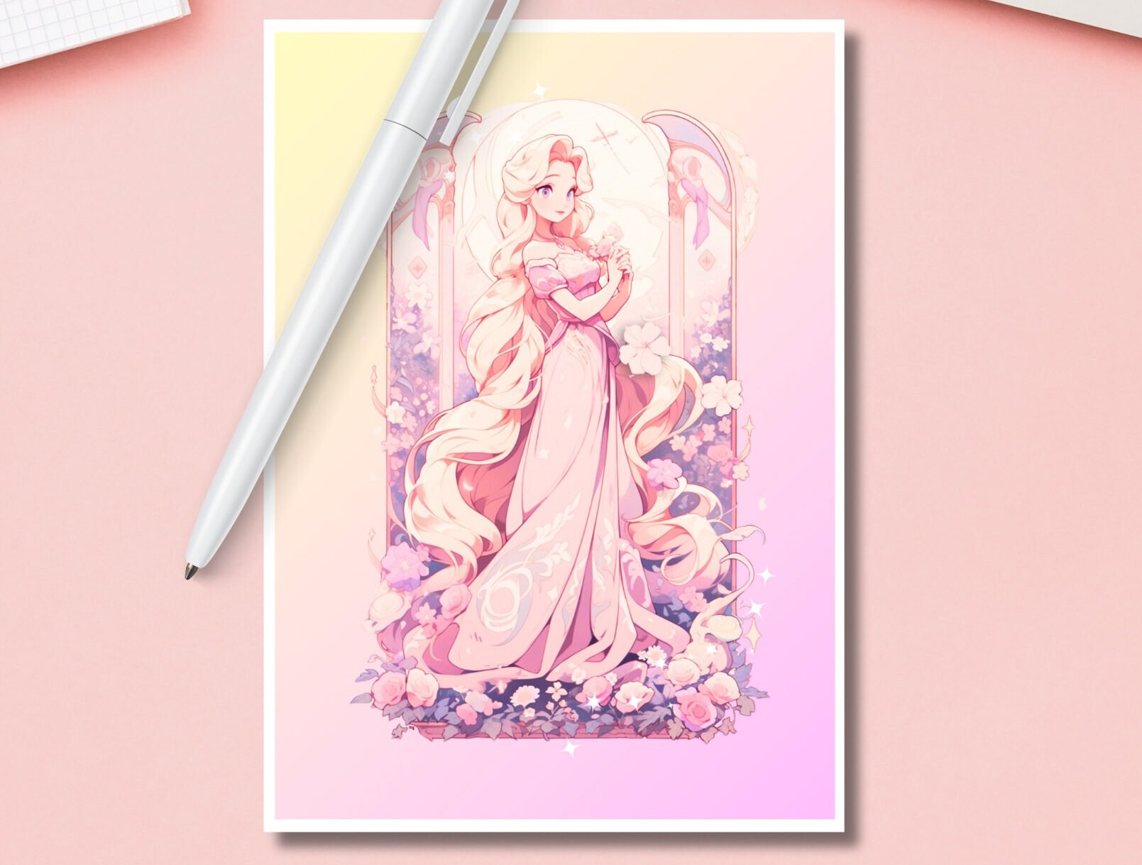 Cute Princess Print,Mucha print,Rapunzel Postcard print,Princess Postcard,Princess Rapunzel art,A5 postcard print,cute print-Rapunzel