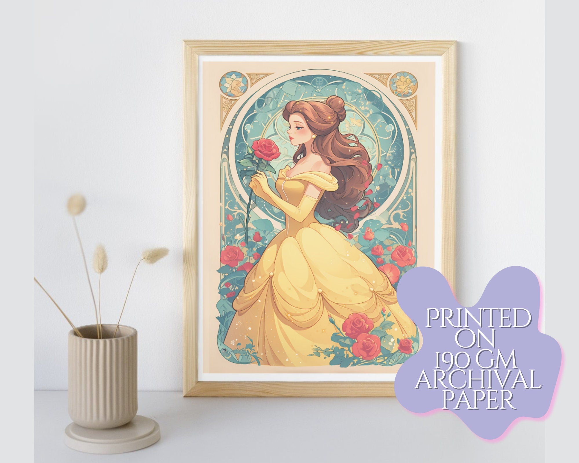 Beauty Princess Print, Belle,Mucha print,Belle Postcard print,Princess Postcard,Princess Belle art,A5 postcard print,cute print-Belle