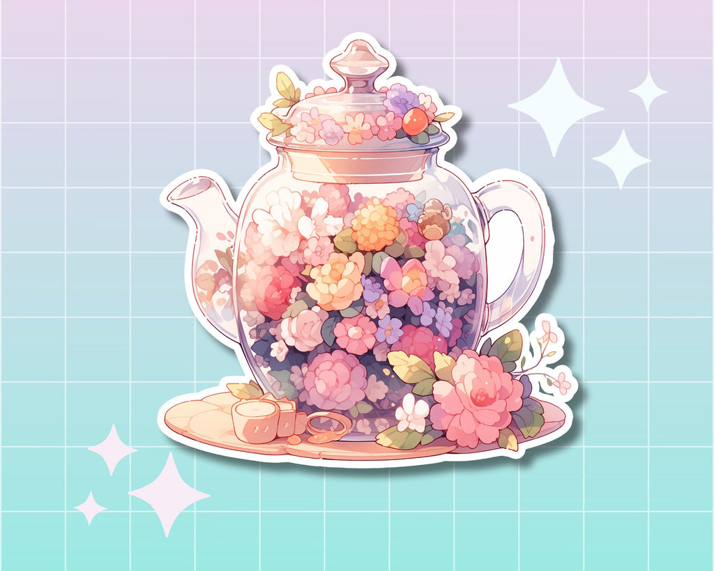 Tea sticker, Teapot sticker, tea pot sticker,tea lovers gift, tea lover sticker,flower tea pot sticker, stickers for tea lovers,cute tea pot