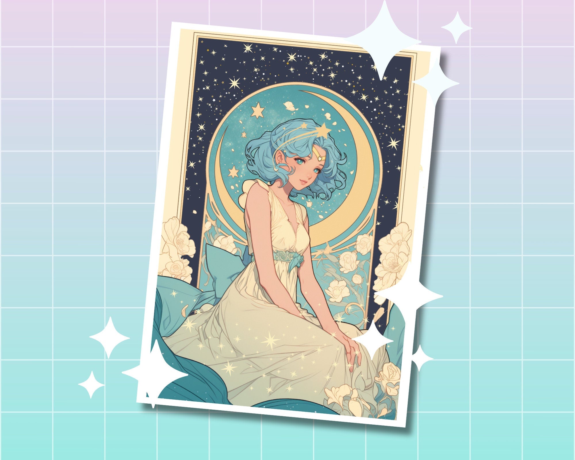 Good Night Sailor Celestial Print | Pastel Kawaii girl Art,Mucha Art Print | Kawaii Anime Art Postcard | 6x4 Art Print,Blue haired girl