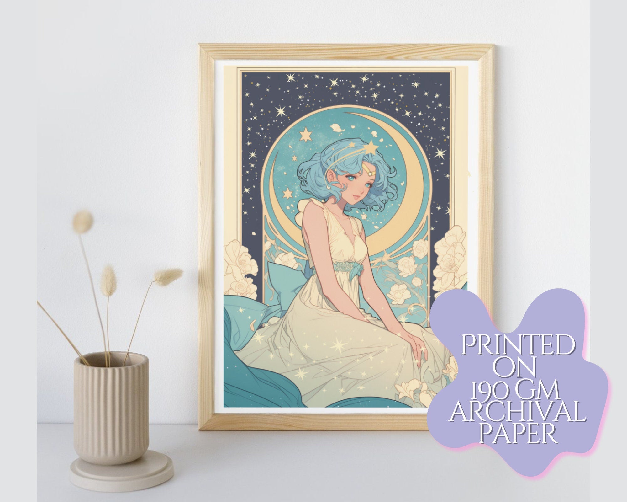 Good Night Sailor Celestial Print | Pastel Kawaii girl Art,Mucha Art Print | Kawaii Anime Art Postcard | 6x4 Art Print,Blue haired girl