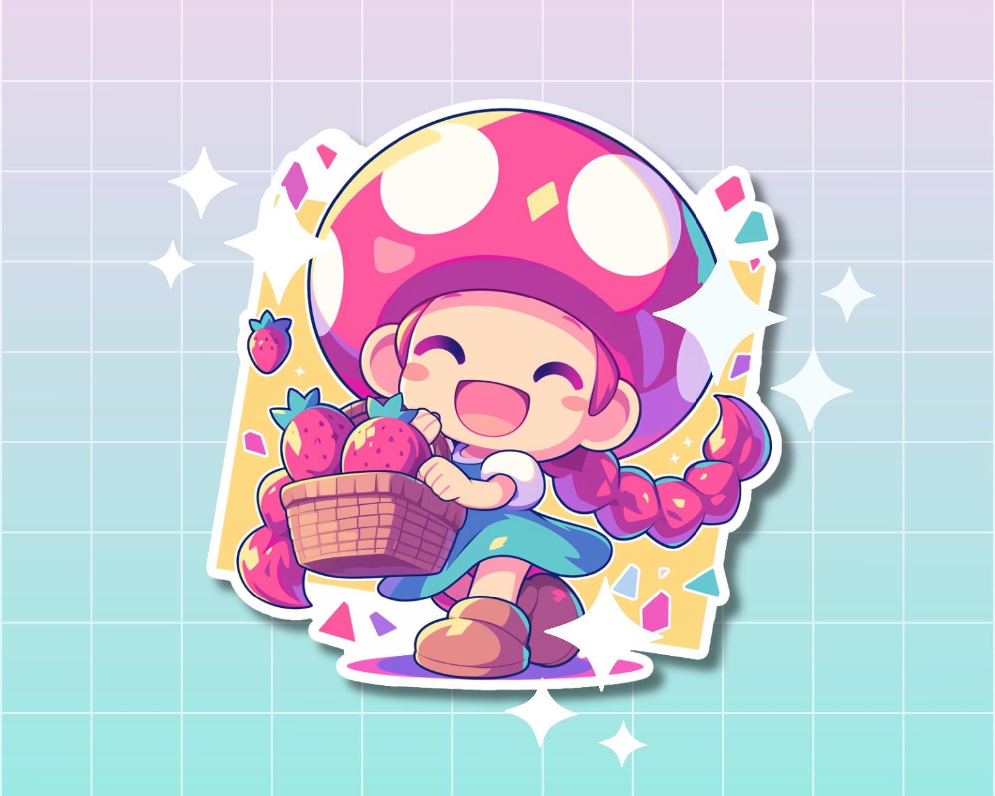 Mushroom girl sticker,kawaii Toad sticker,cute Toadette sticker,pastel sticker,strawberry sticker,girl with strawberries sticker,fruit stick