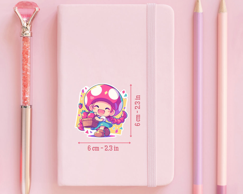 Mushroom girl sticker,kawaii Toad sticker,cute Toadette sticker,pastel sticker,strawberry sticker,girl with strawberries sticker,fruit stick