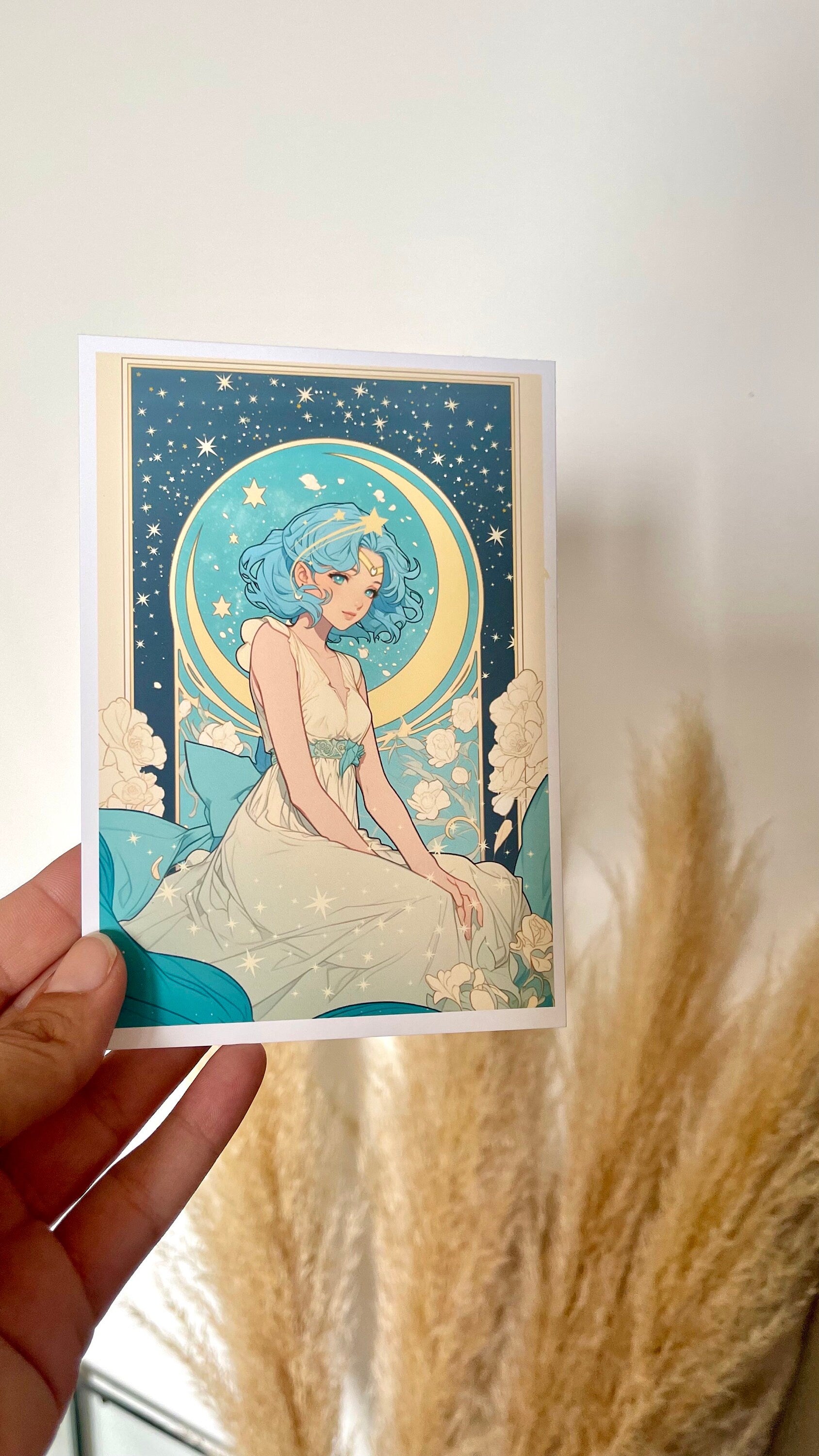 Good Night Sailor Celestial Print | Pastel Kawaii girl Art,Mucha Art Print | Kawaii Anime Art Postcard | 6x4 Art Print,Blue haired girl