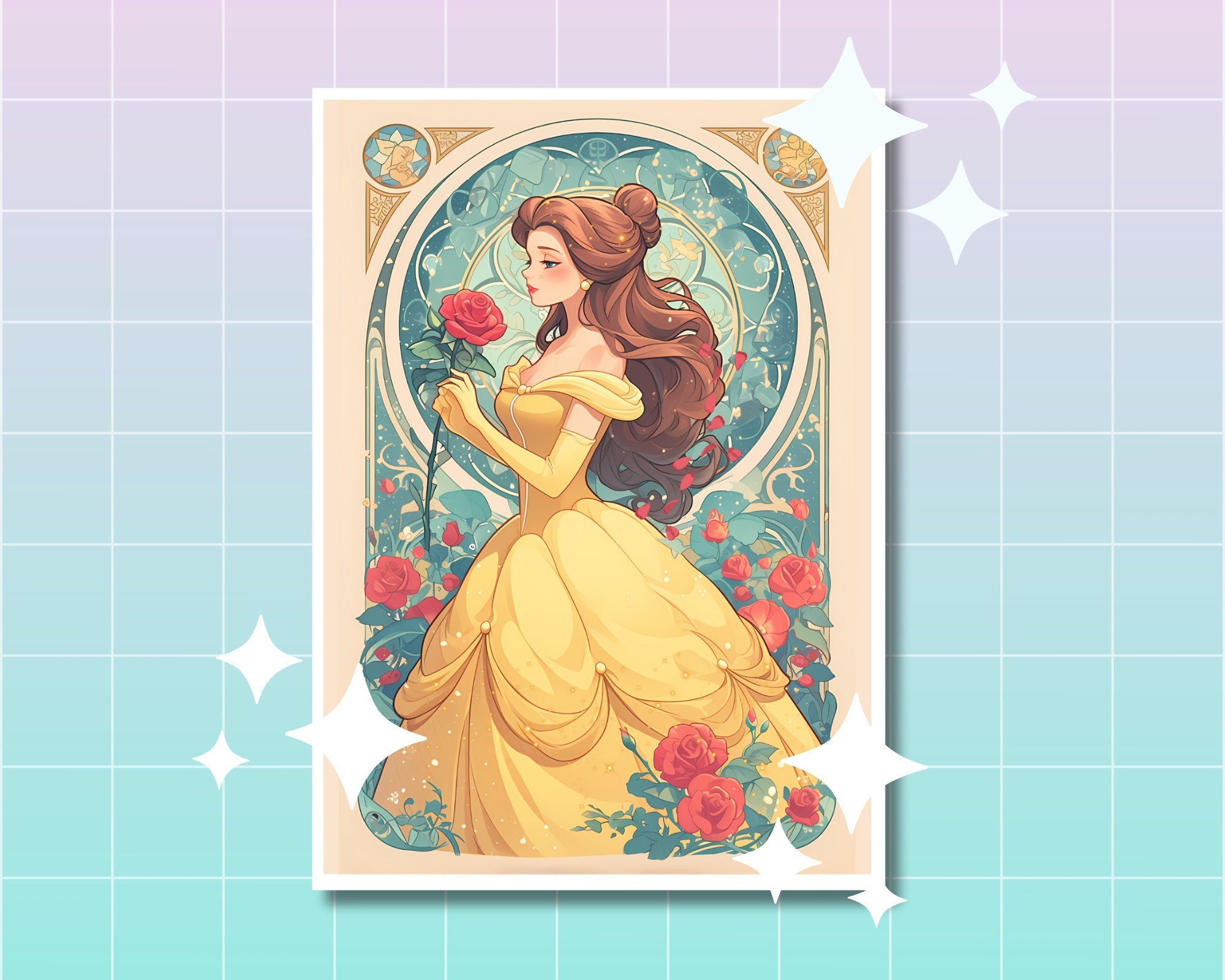 Beauty Princess Print, Belle,Mucha print,Belle Postcard print,Princess Postcard,Princess Belle art,A5 postcard print,cute print-Belle