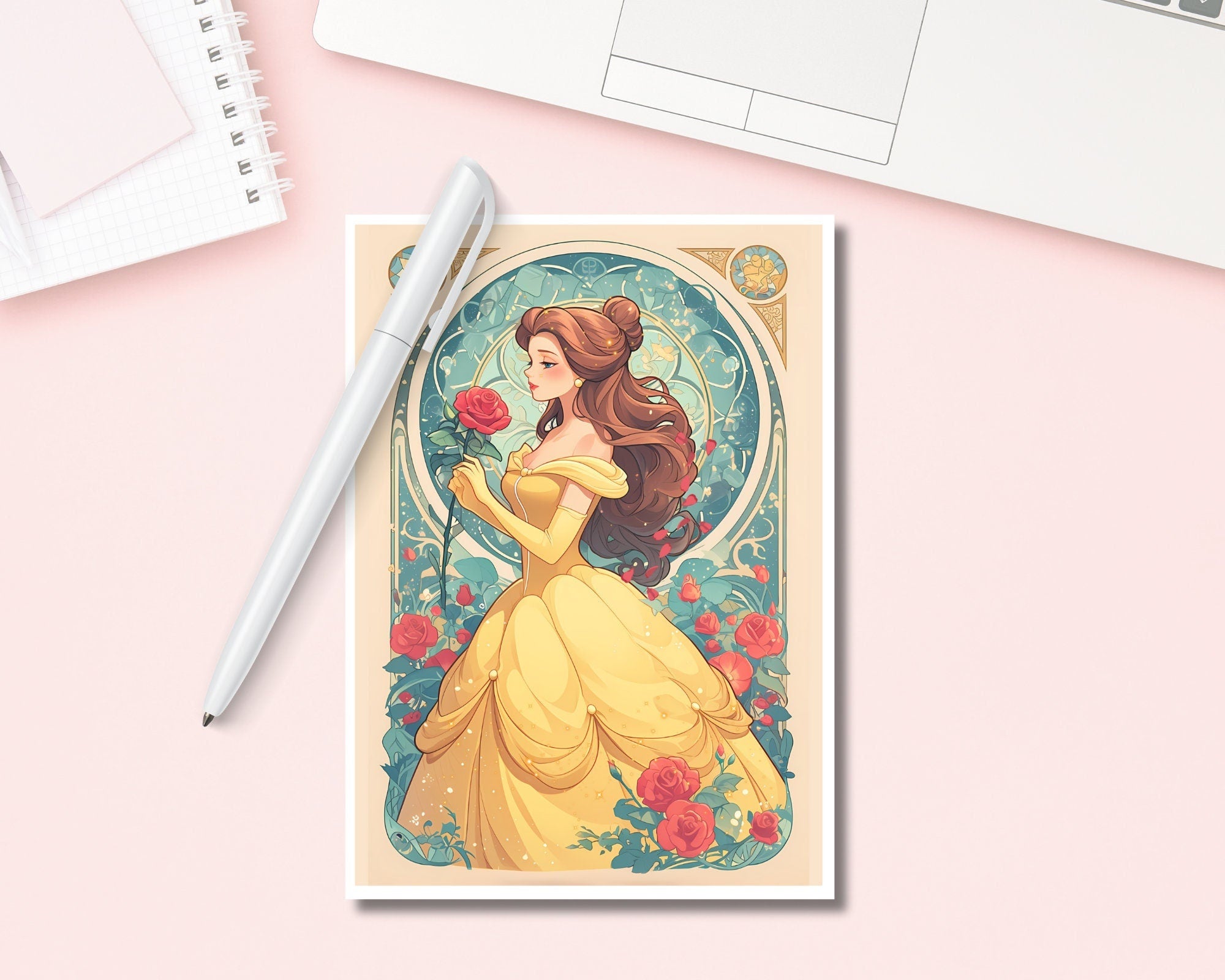 Beauty Princess Print, Belle,Mucha print,Belle Postcard print,Princess Postcard,Princess Belle art,A5 postcard print,cute print-Belle