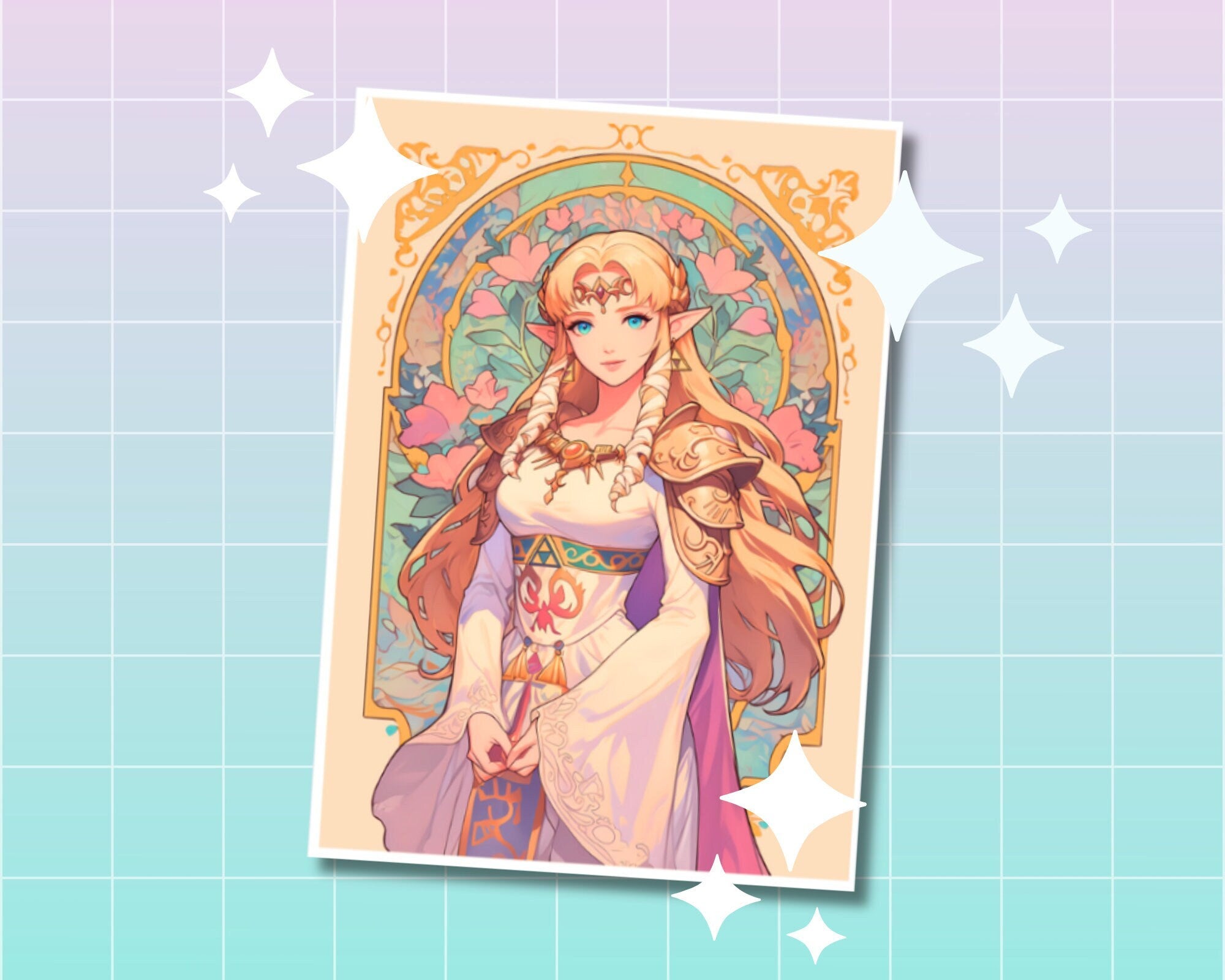 Zelda Print, Princess Zelda print,Zelda Postcard print,Princess Postcard,Princess Link art,A5 postcard print,cute print, Mucha art print