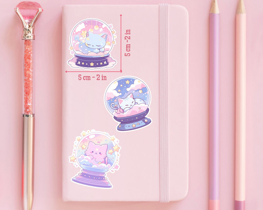 3 Kawaii cats stickers,Kawaii Pastel Sticker,crystal ball stickers,cats in crystal balls,cozy cats sticker pack,kawaii sticker pack,stickers