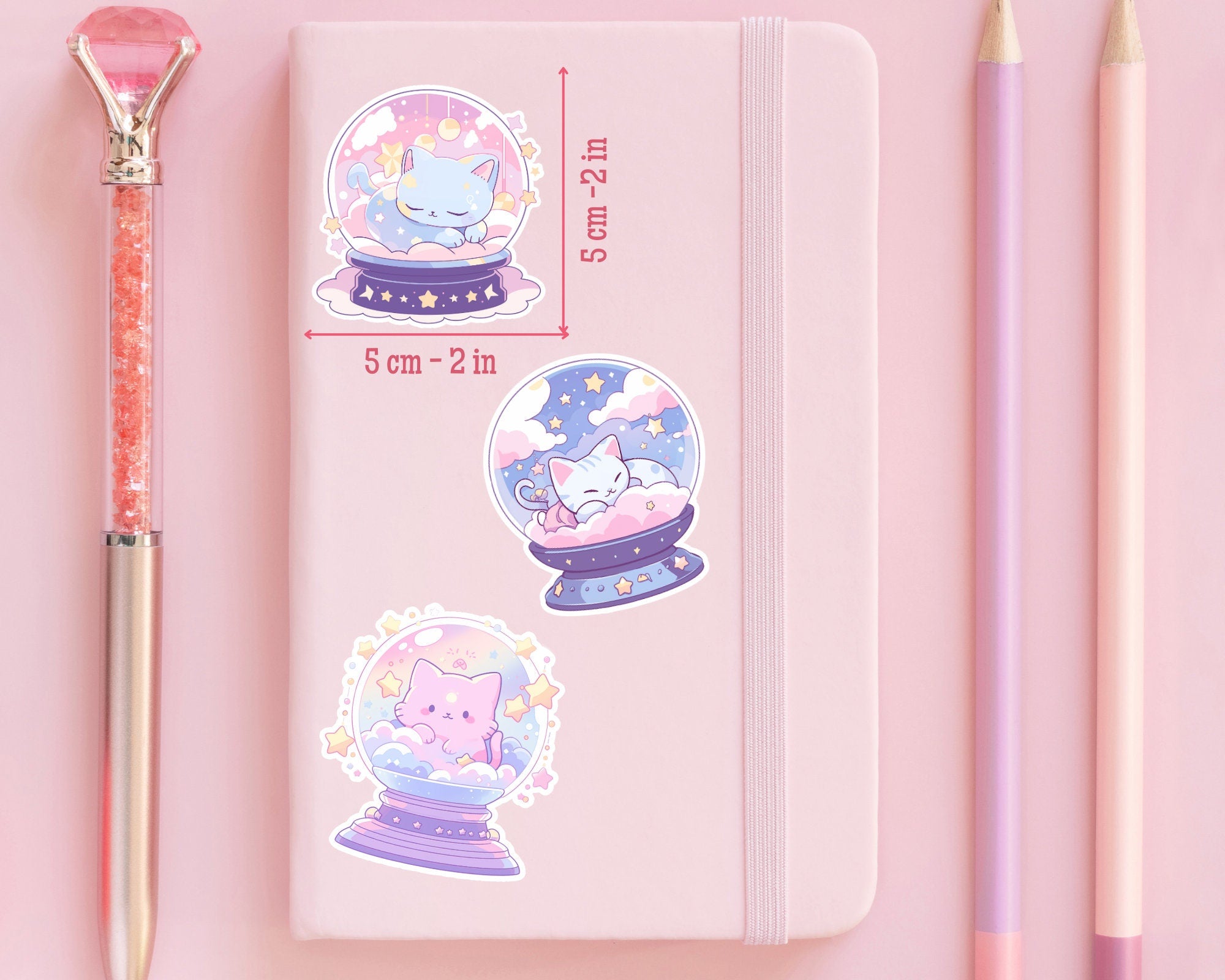 3 Kawaii cats stickers,Kawaii Pastel Sticker,crystal ball stickers,cats in crystal balls,cozy cats sticker pack,kawaii sticker pack,stickers