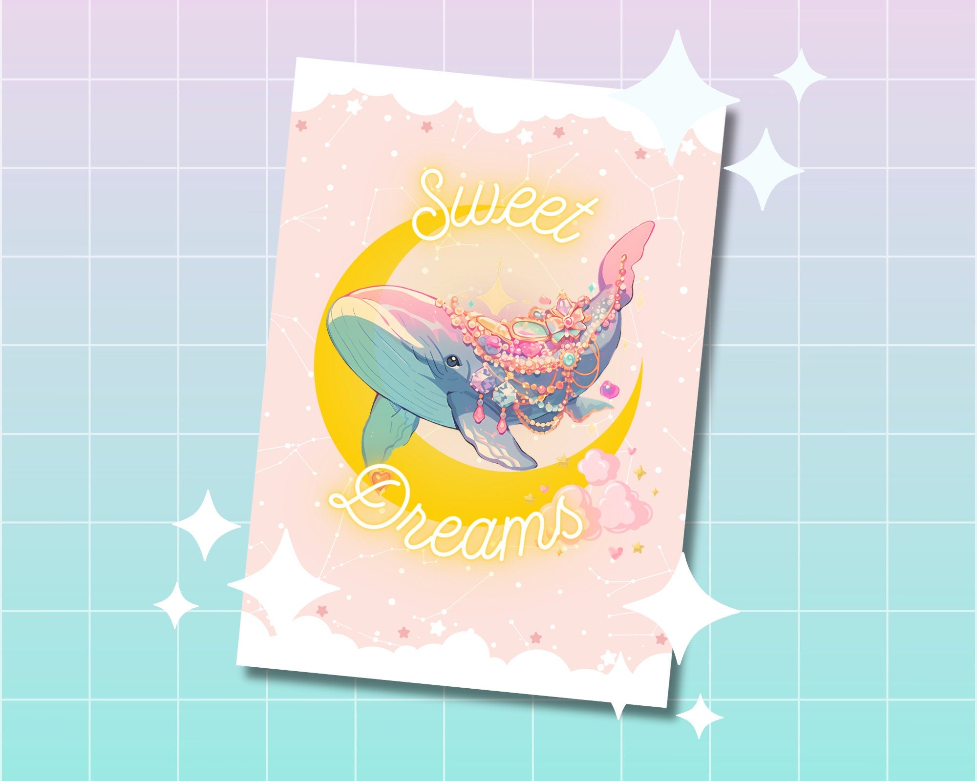 Kawaii Whale Print | Cute Nursery Print |Sweet Dreams Postcard | 6x4 Art Print, Wind Fish Zelda, Zelda Art, Zelda Print, wall decor