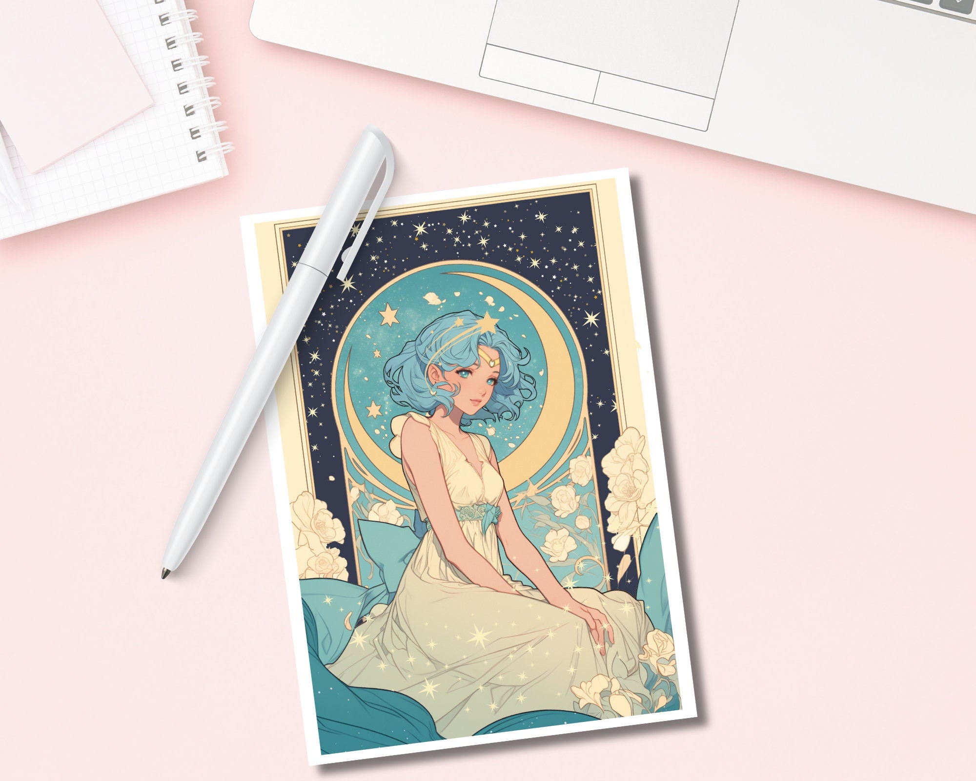 Good Night Sailor Celestial Print | Pastel Kawaii girl Art,Mucha Art Print | Kawaii Anime Art Postcard | 6x4 Art Print,Blue haired girl