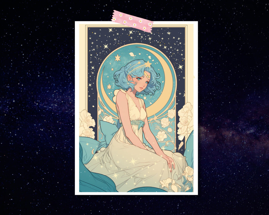 Good Night Sailor Celestial Print | Pastel Kawaii girl Art,Mucha Art Print | Kawaii Anime Art Postcard | 6x4 Art Print,Blue haired girl