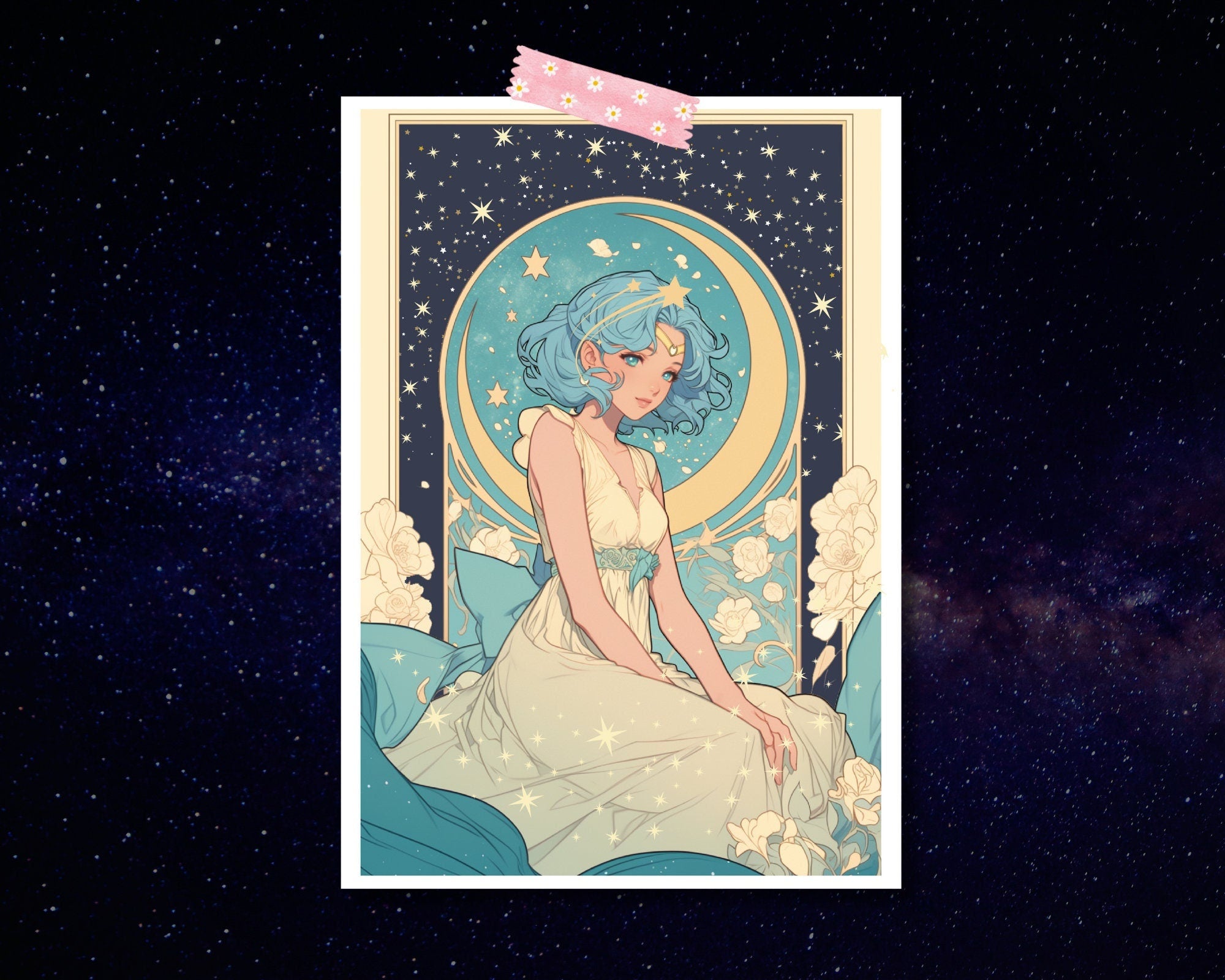Good Night Sailor Celestial Print | Pastel Kawaii girl Art,Mucha Art Print | Kawaii Anime Art Postcard | 6x4 Art Print,Blue haired girl