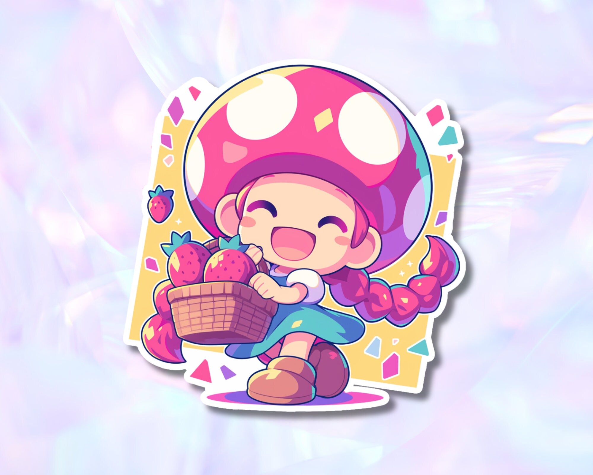 Mushroom girl sticker,kawaii Toad sticker,cute Toadette sticker,pastel sticker,strawberry sticker,girl with strawberries sticker,fruit stick