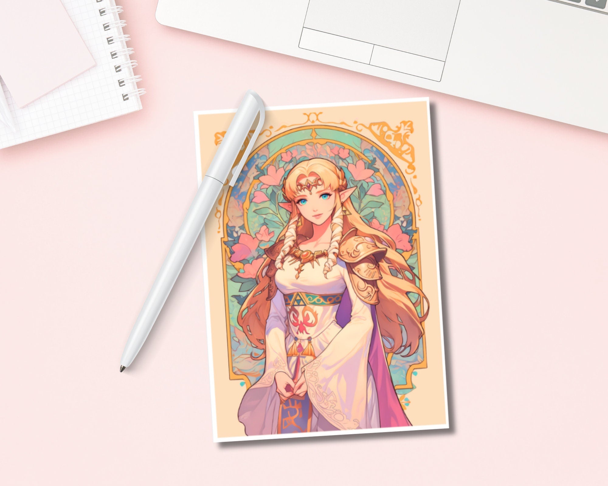 Zelda Print, Princess Zelda print,Zelda Postcard print,Princess Postcard,Princess Link art,A5 postcard print,cute print, Mucha art print