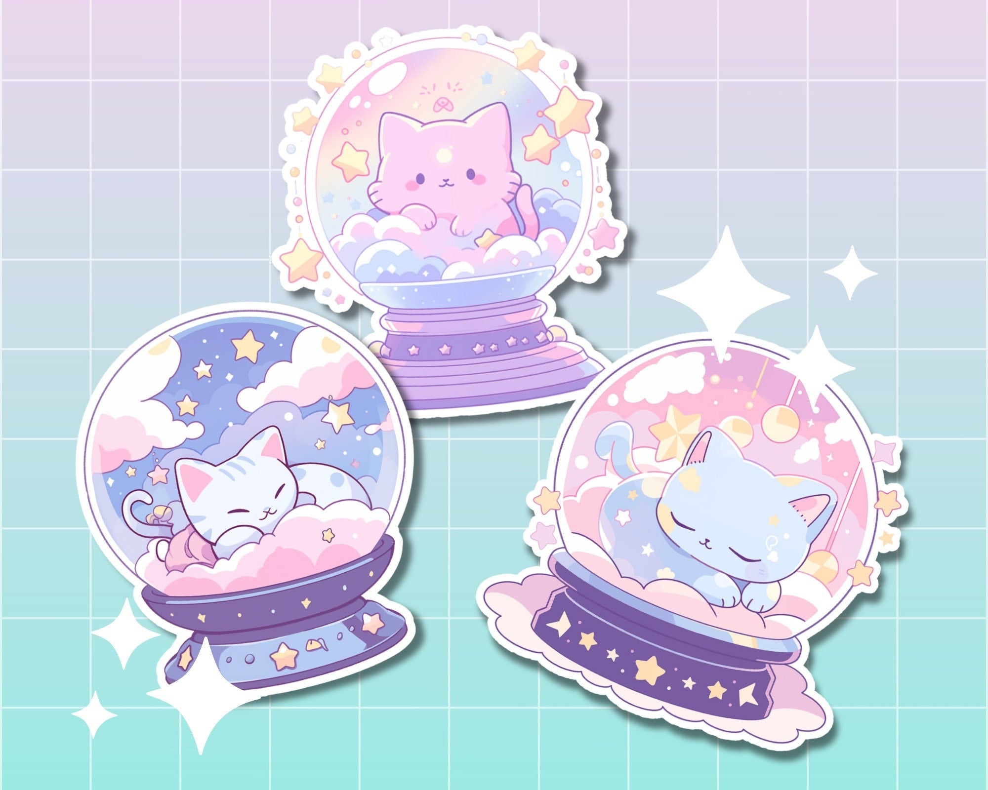 3 Kawaii cats stickers,Kawaii Pastel Sticker,crystal ball stickers,cats in crystal balls,cozy cats sticker pack,kawaii sticker pack,stickers