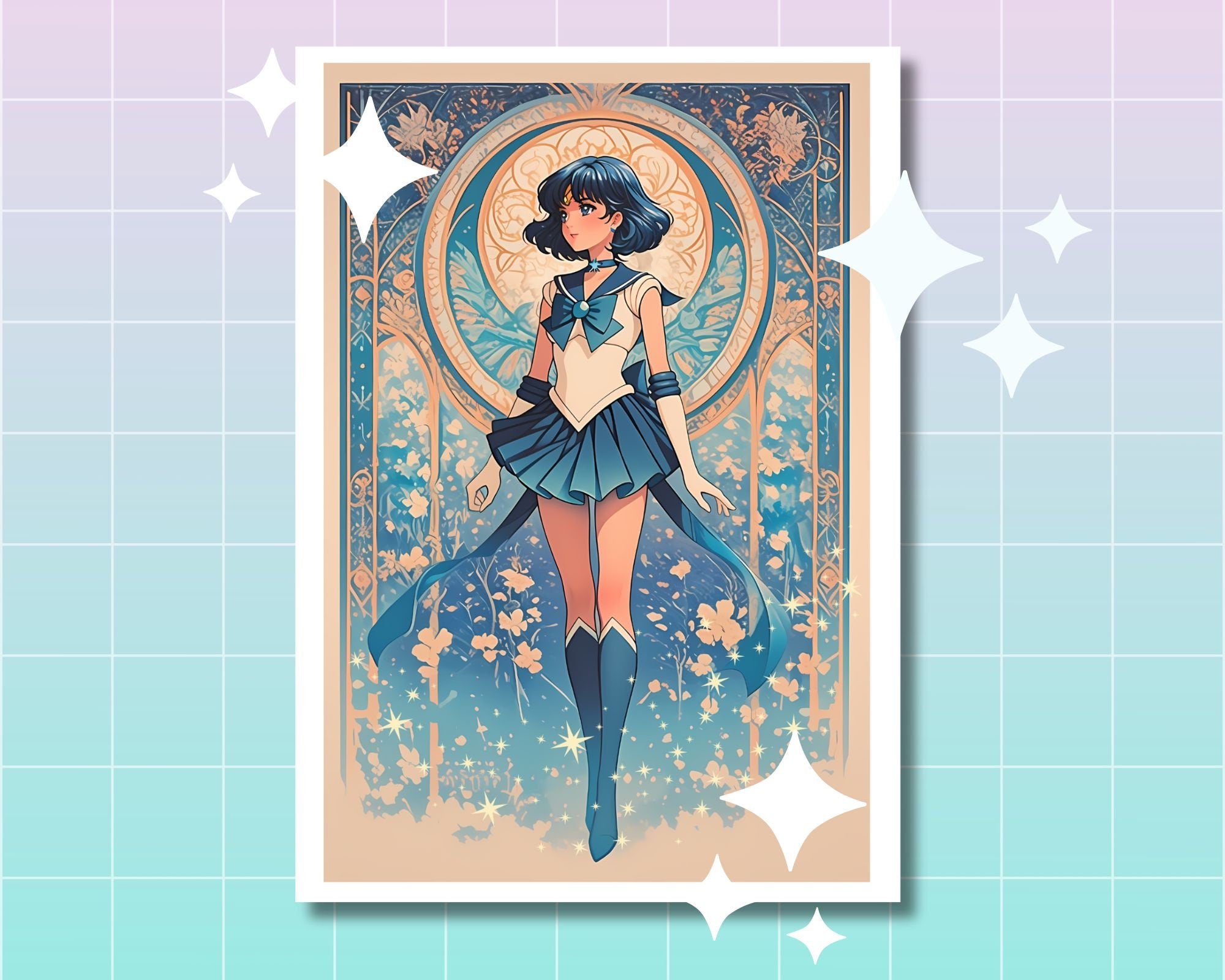 Sailor Mercury Print,Mucha, Sailor Mercury Art Deco, Sailor Mercury art,Sailor Moon art,A5 postcard,Art Nouveau, Sailor Mercury illustration