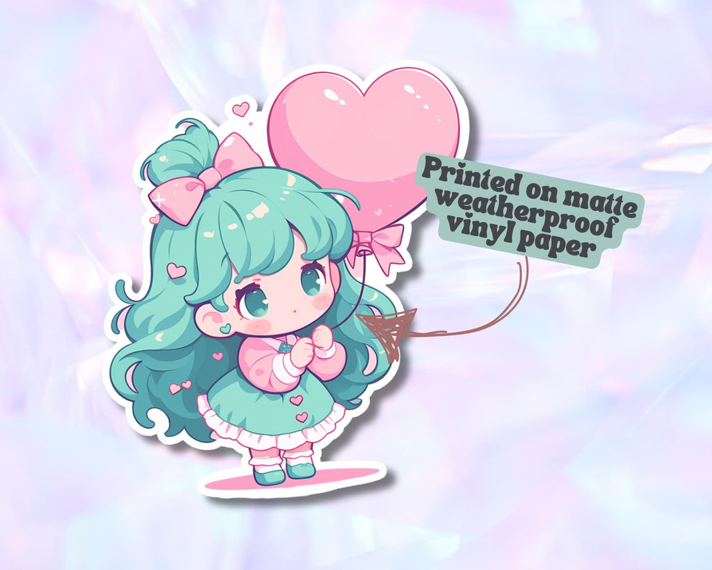Kawaii girl heart Sticker | Cute Valentine Sticker,Chibi sticker,Blue hair girl sticker, balloon sticker, heart balloon sticker,little girl