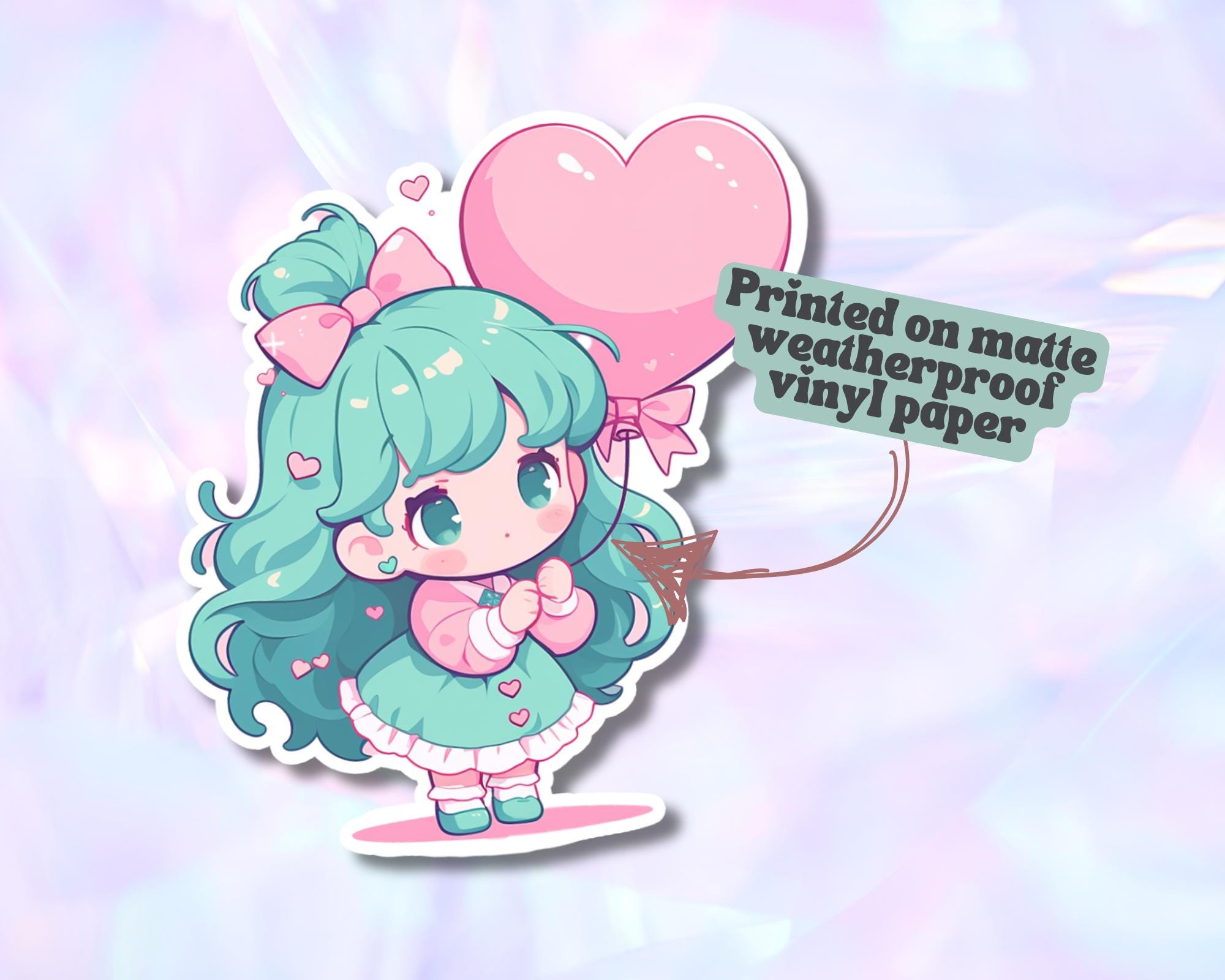 Kawaii girl heart Sticker | Cute Valentine Sticker,Chibi sticker,Blue hair girl sticker, balloon sticker, heart balloon sticker,little girl