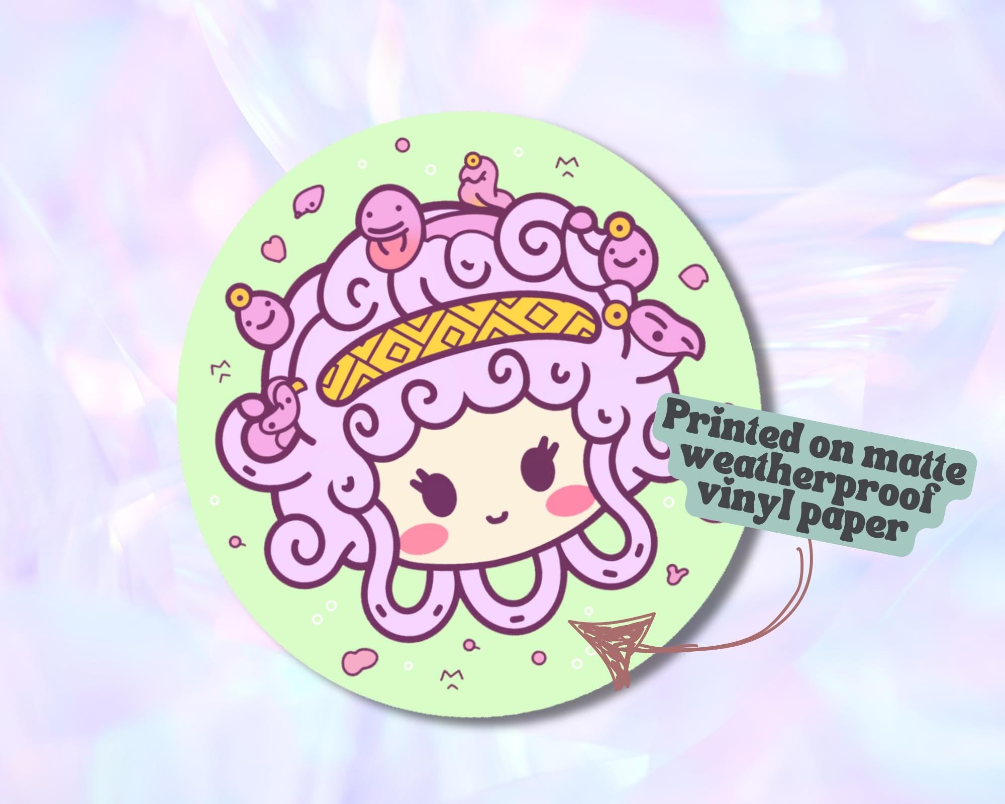 Kawaii Medusa Sticker | Cute Medusa Sticker,Chibi sticker,Gorgon sticker, Greek mythology sticker, Chibi Medua sticker, round sticker