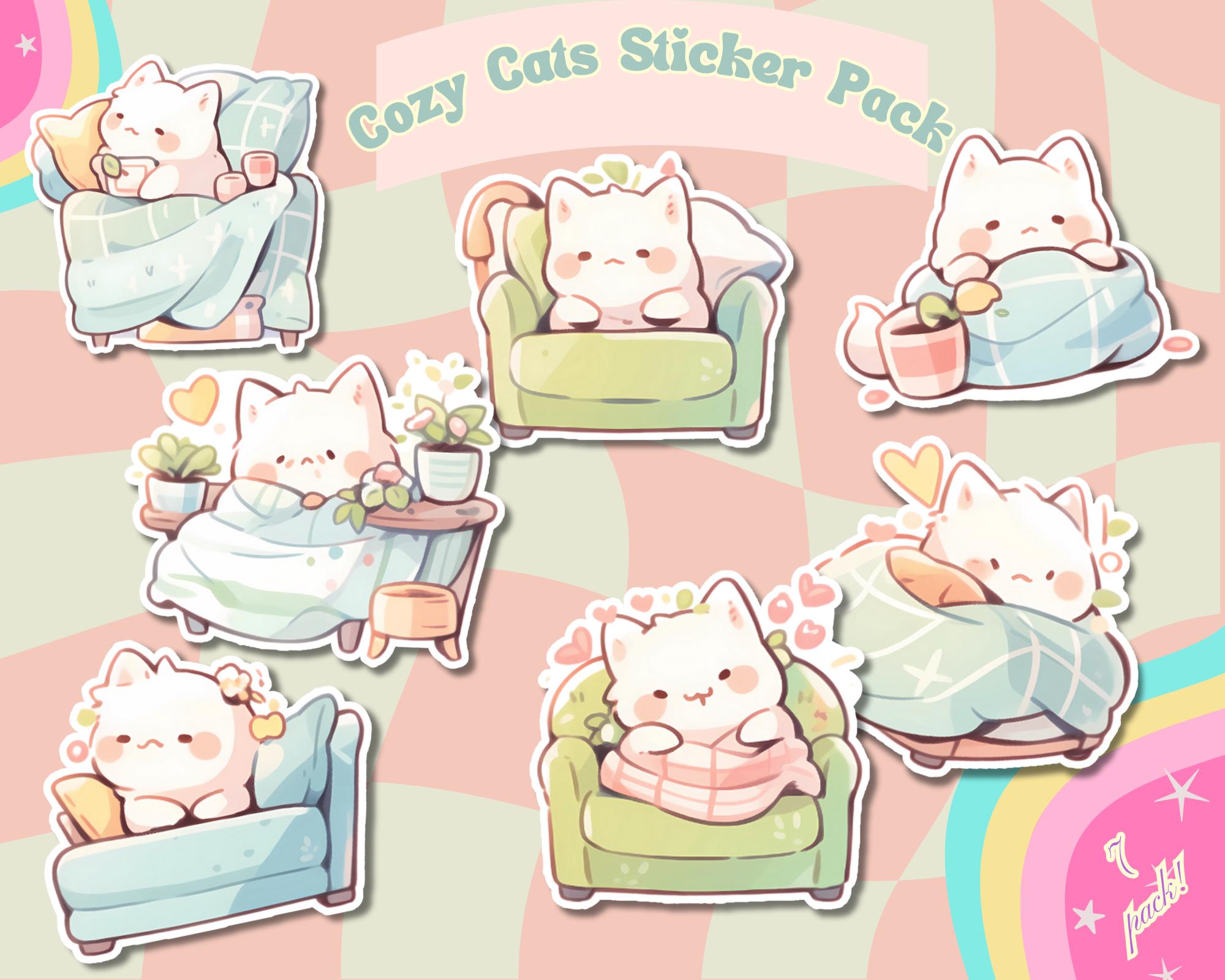 Cozy cats sticker pack, cats and plants stickers, cute cats stickers, pack of 7 stickers, fall stickers, autumn cozy stickers, snug blanket