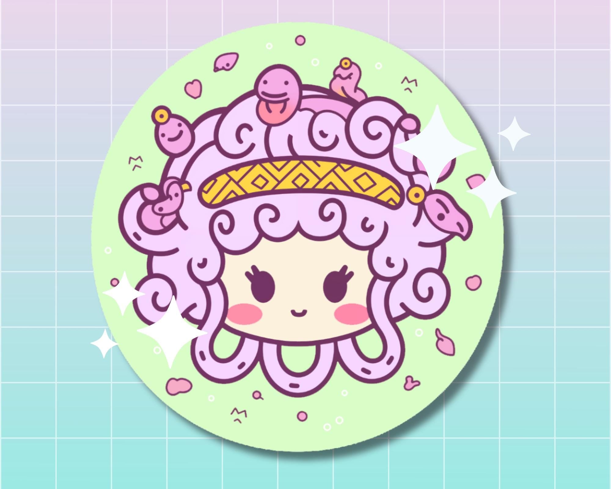 Kawaii Medusa Sticker | Cute Medusa Sticker,Chibi sticker,Gorgon sticker, Greek mythology sticker, Chibi Medua sticker, round sticker