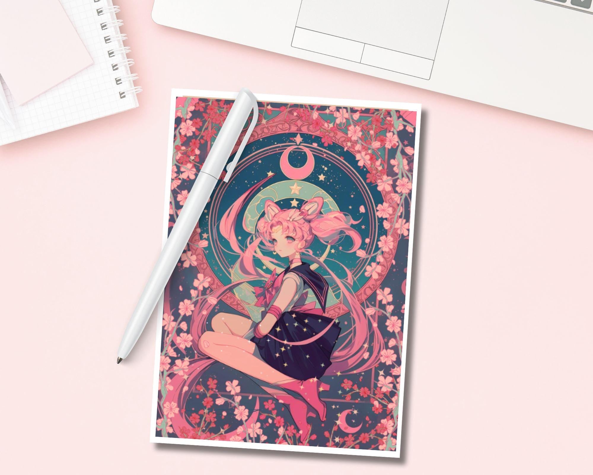 Moon Girl Print, Moon Art Deco,pink haired girl in style of Alphonse Mucha,Sailor art,CMoon art, Usa art