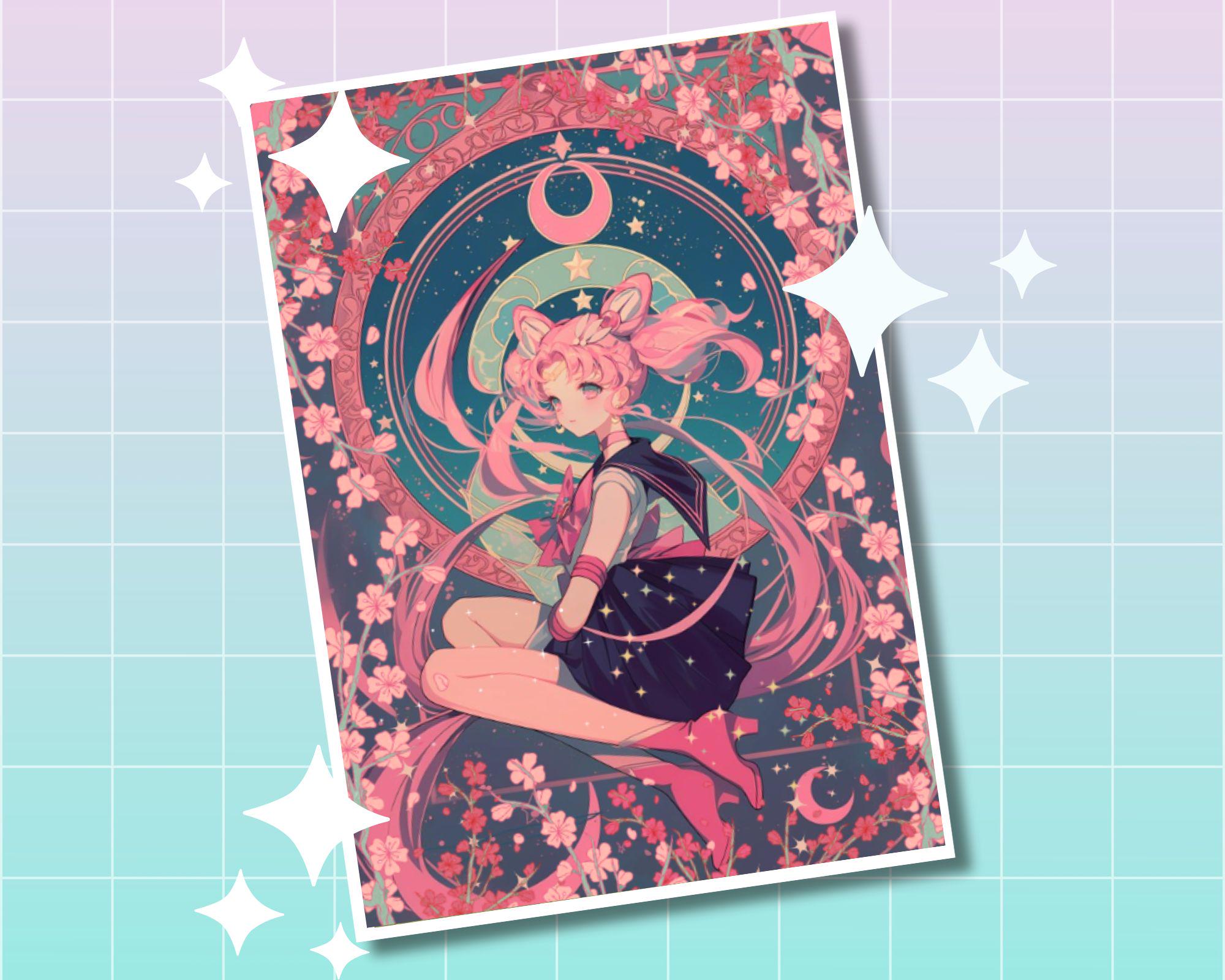 Moon Girl Print, Moon Art Deco,pink haired girl in style of Alphonse Mucha,Sailor art,CMoon art, Usa art